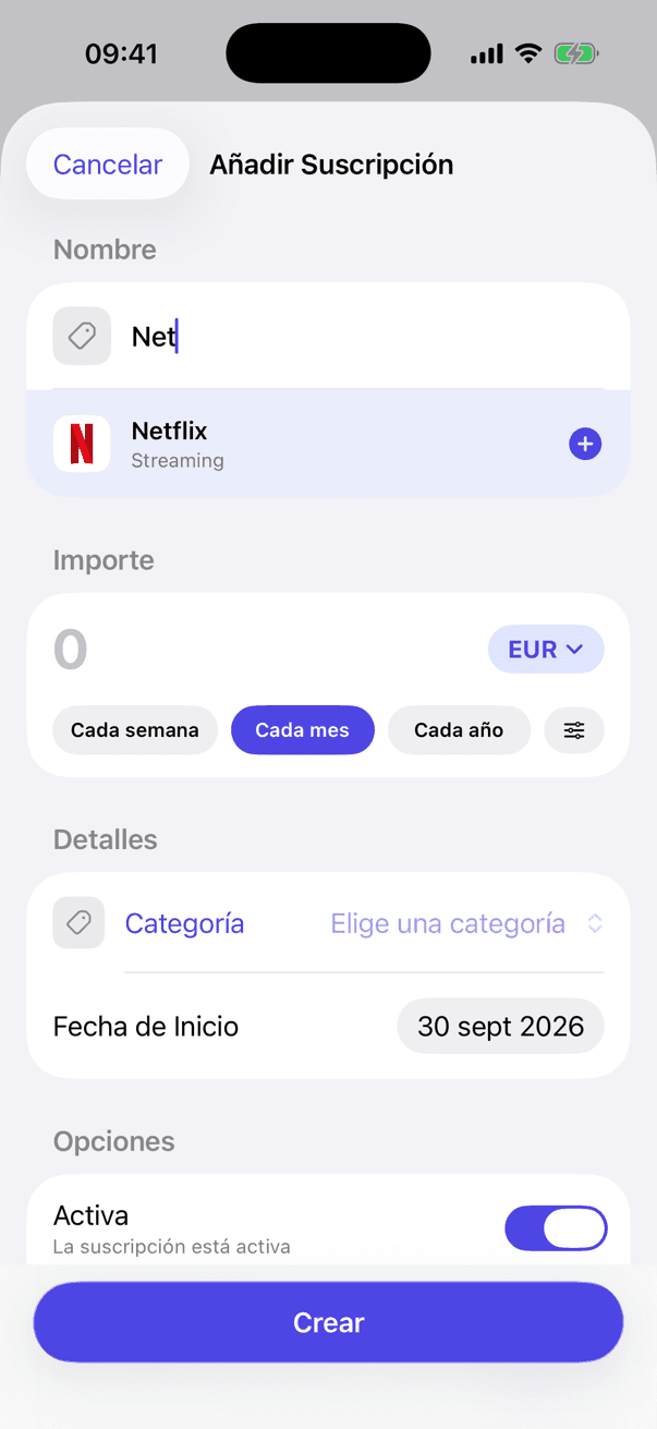 Formulario de nueva suscripción con la sugerencia de Netflix
