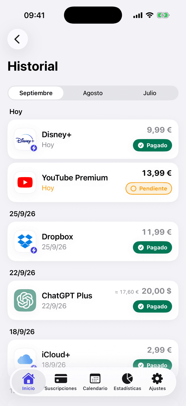 Historial de pagos agrupado por día con cargos pagados y pendientes