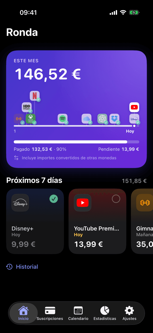 Pantalla de inicio de Ronda en modo oscuro
