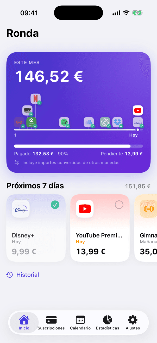 Pantalla de inicio de Ronda: el total del mes con lo pagado y lo pendiente, y los cargos de los próximos 7 días