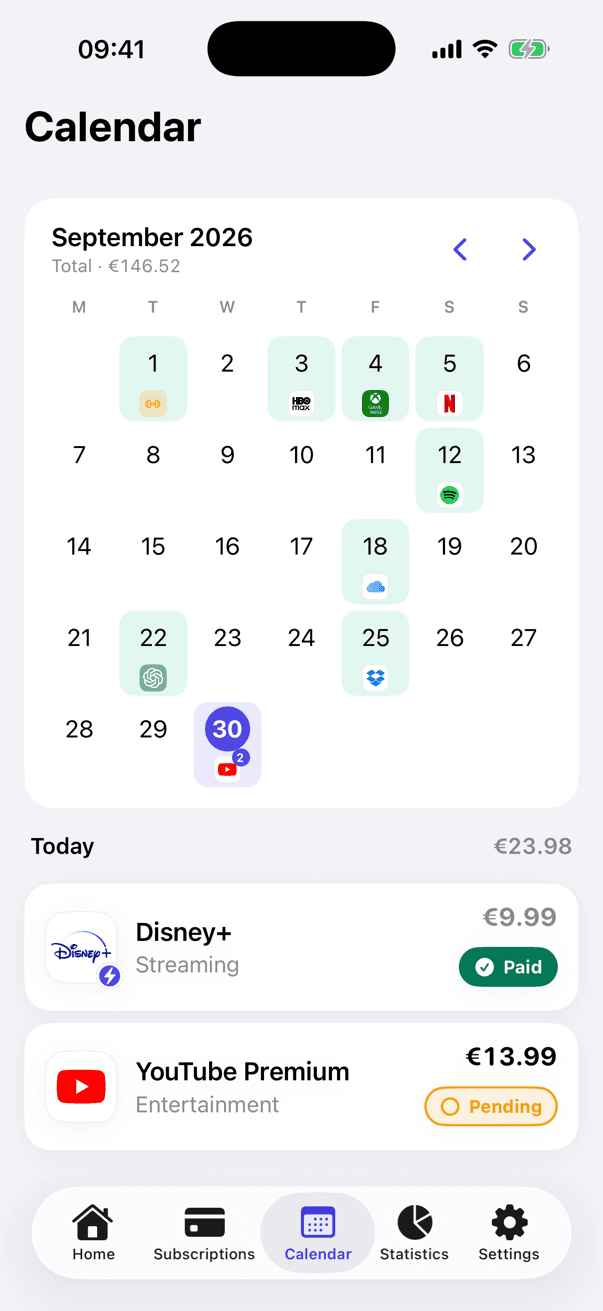 Calendar of the month with the logo of each charge
