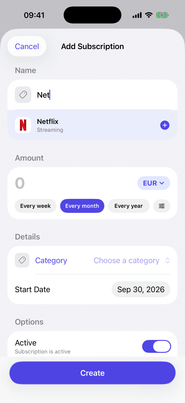 New subscription form with the Netflix suggestion
