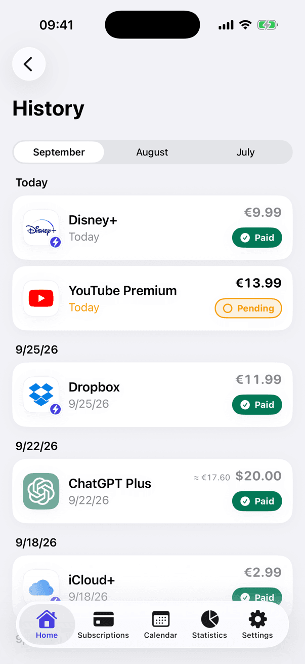 Payment history grouped by day with paid and pending charges