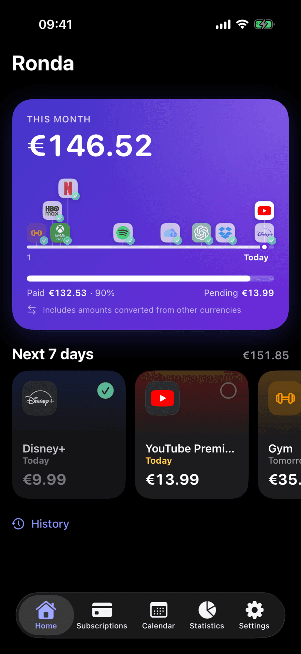 Ronda's home screen in dark mode